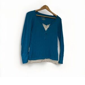 No Boundaries Y2K Vintage Henley Top Lace Trim Women’s Small Teal 2000s